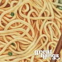 Closeup view of A contemporary pastel pencil illustration, a bowl of noodles and chopsticks, overhead view