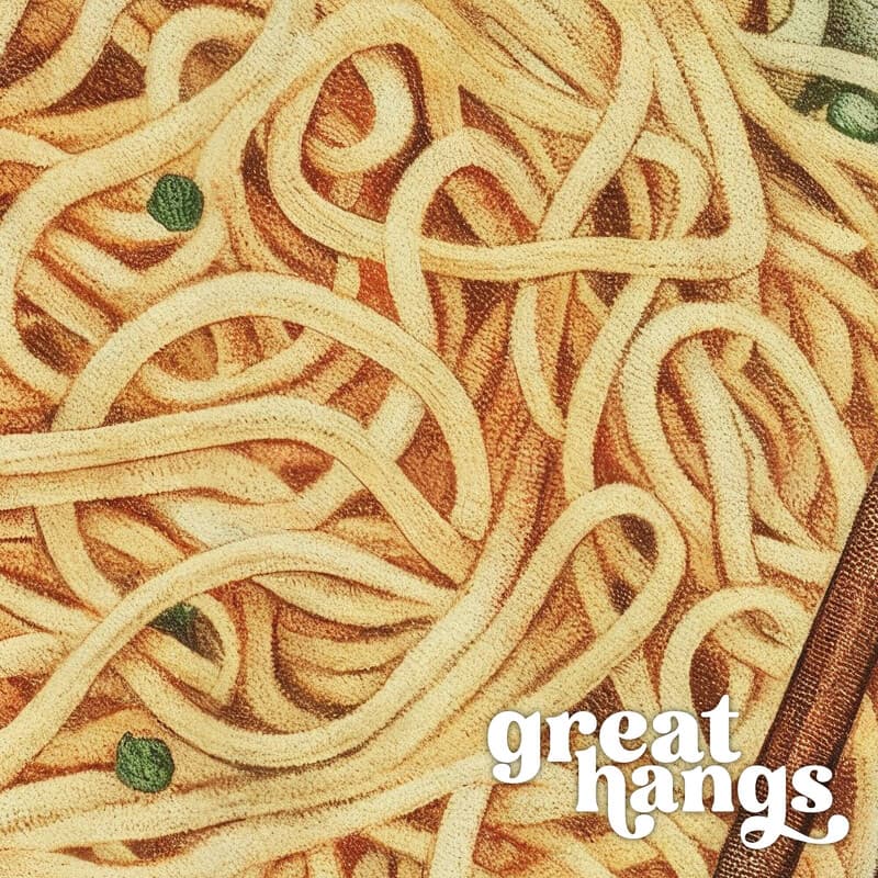 Closeup view of A contemporary pastel pencil illustration, a bowl of noodles and chopsticks, overhead view