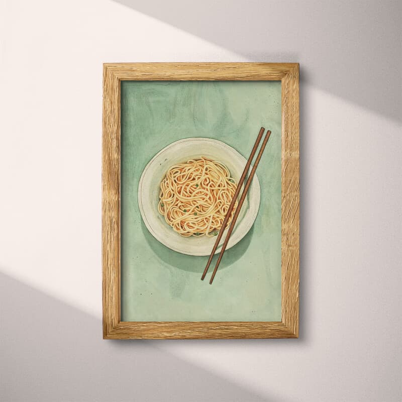 Full frame view of A contemporary pastel pencil illustration, a bowl of noodles and chopsticks, overhead view