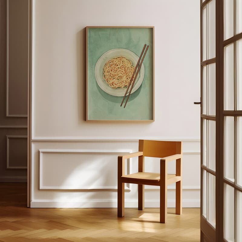 Room view with a full frame of A contemporary pastel pencil illustration, a bowl of noodles and chopsticks, overhead view