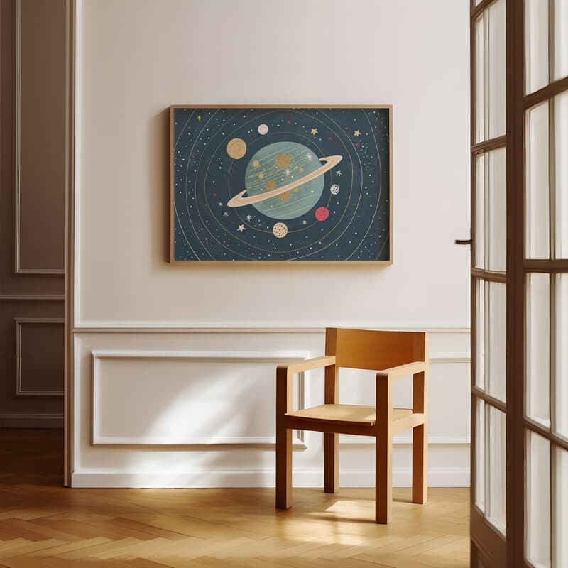 Room view with a full frame of A cute simple cartoon drawing, a solar system