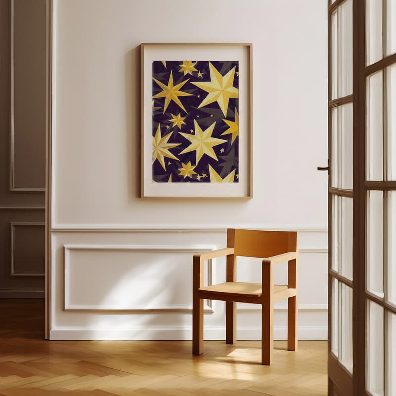 Room view with a matted frame of An art deco textile print, star pattern