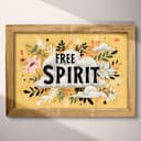 Full frame view of A vintage linocut print, the words "FREE SPIRIT" with clouds and flowers