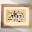 Matted frame view of A vintage linocut print, the words "FREE SPIRIT" with clouds and flowers