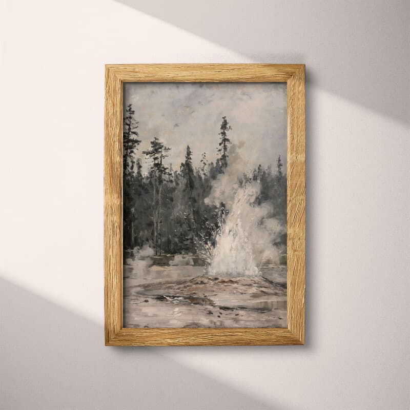 Full frame view of An impressionist oil painting, a geyser, trees in the background, gray sky