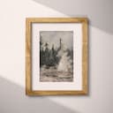 Matted frame view of An impressionist oil painting, a geyser, trees in the background, gray sky