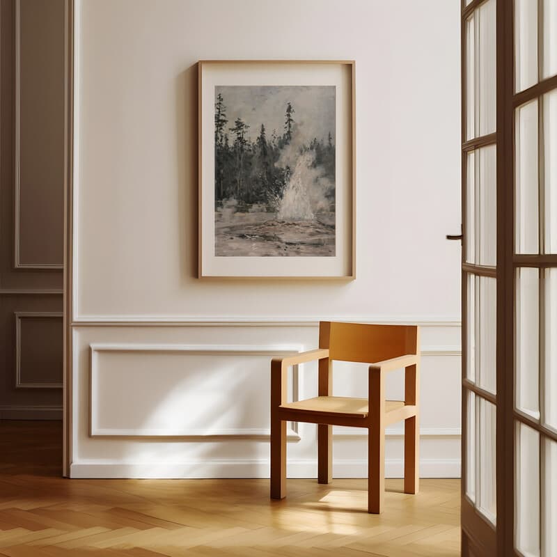 Room view with a matted frame of An impressionist oil painting, a geyser, trees in the background, gray sky