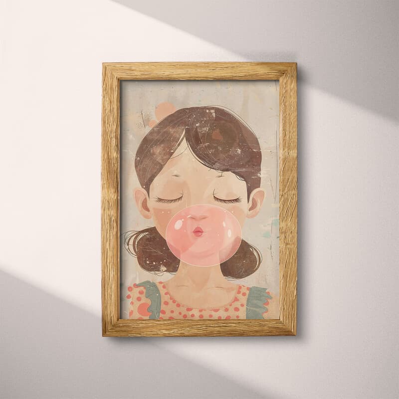 Full frame view of A retro cartoon drawing, a girl blowing a pink bubble, eyes closed