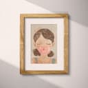 Matted frame view of A retro cartoon drawing, a girl blowing a pink bubble, eyes closed