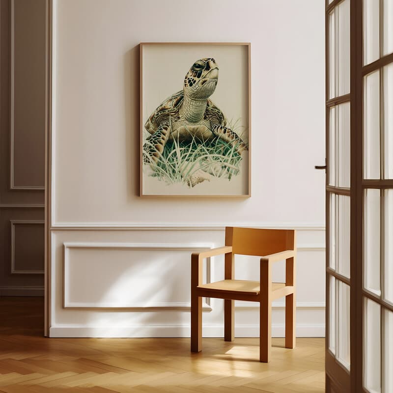 Room view with a full frame of A rustic pastel pencil illustration, a turtle in seagrass