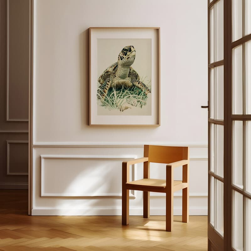 Room view with a matted frame of A rustic pastel pencil illustration, a turtle in seagrass