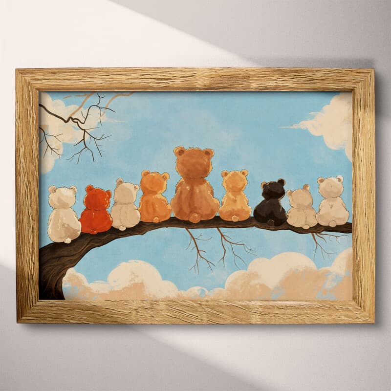 Full frame view of A cute simple cartoon drawing, a row of bears sitting on a tree branch, back view