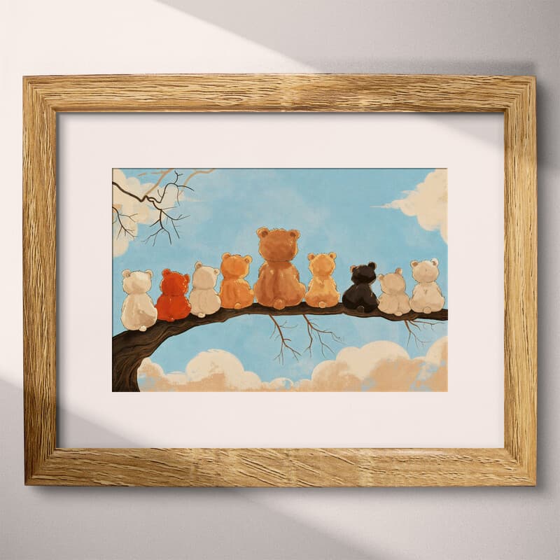 Matted frame view of A cute simple cartoon drawing, a row of bears sitting on a tree branch, back view