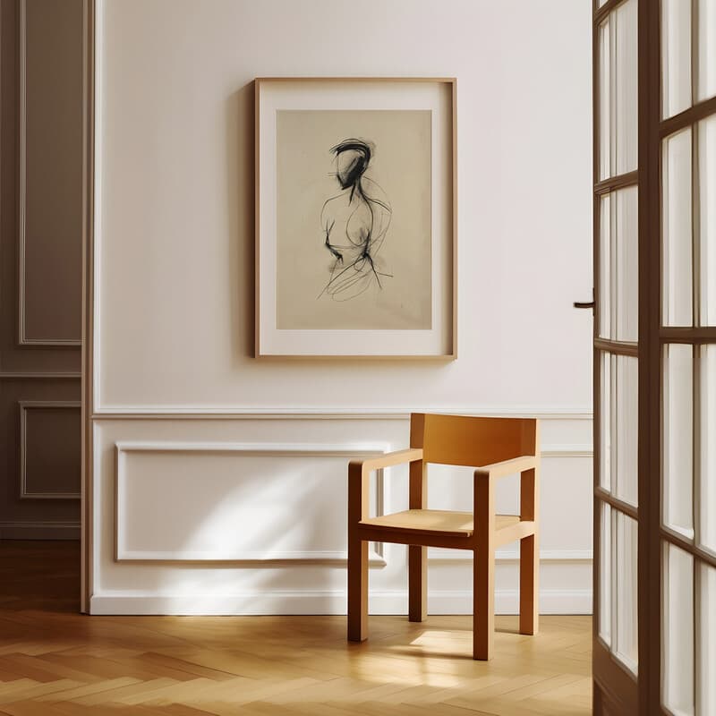 Room view with a matted frame of A vintage charcoal sketch, a body figure