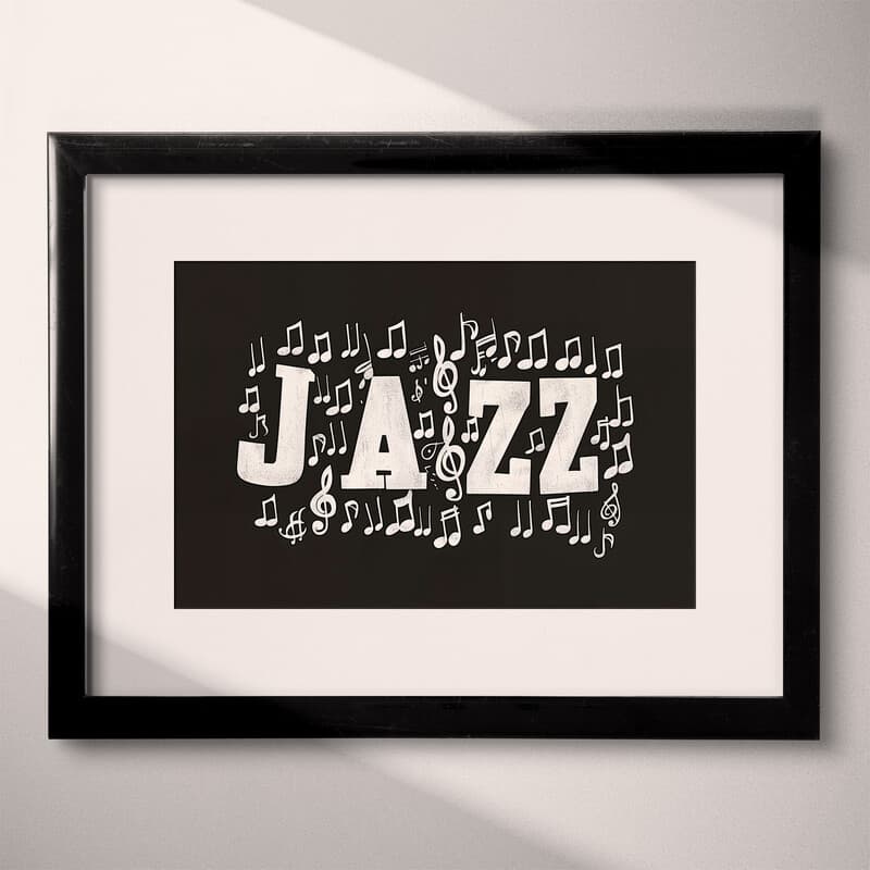 Matted frame view of A contemporary poster print, the word "JAZZ" with music notes