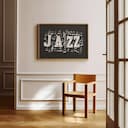 Room view with a full frame of A contemporary poster print, the word "JAZZ" with music notes