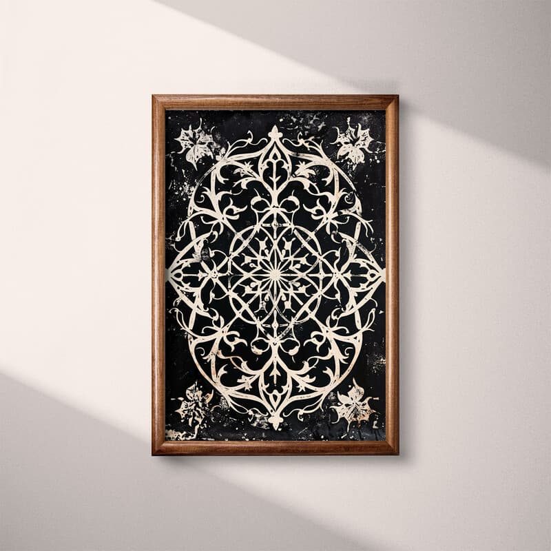 Full frame view of A gothic linocut print, symmetric intricate pattern