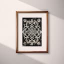 Matted frame view of A gothic linocut print, symmetric intricate pattern