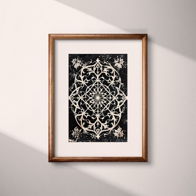 Matted frame view of A gothic linocut print, symmetric intricate pattern