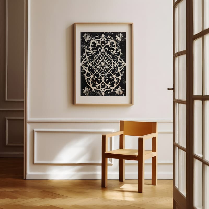 Room view with a matted frame of A gothic linocut print, symmetric intricate pattern
