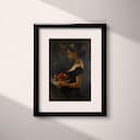 Matted frame view of An afrofuturism oil painting, a woman with a bowl of fruit, side view