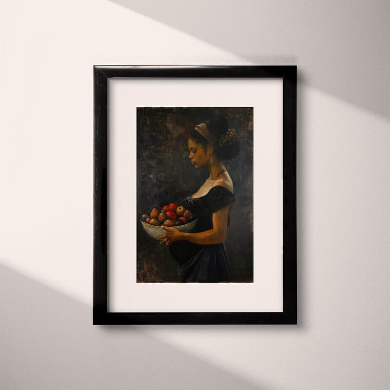 Matted frame view of An afrofuturism oil painting, a woman with a bowl of fruit, side view