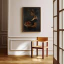 Room view with a full frame of An afrofuturism oil painting, a woman with a bowl of fruit, side view