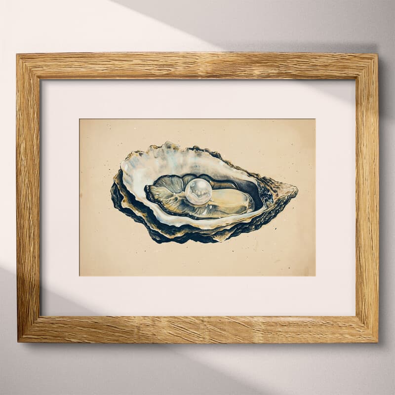 Matted frame view of A scandinavian pastel pencil illustration, a pearl in an oyster