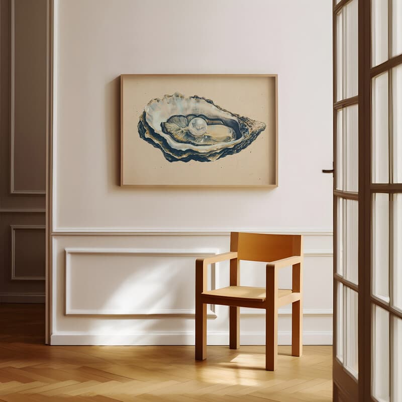 Room view with a full frame of A scandinavian pastel pencil illustration, a pearl in an oyster