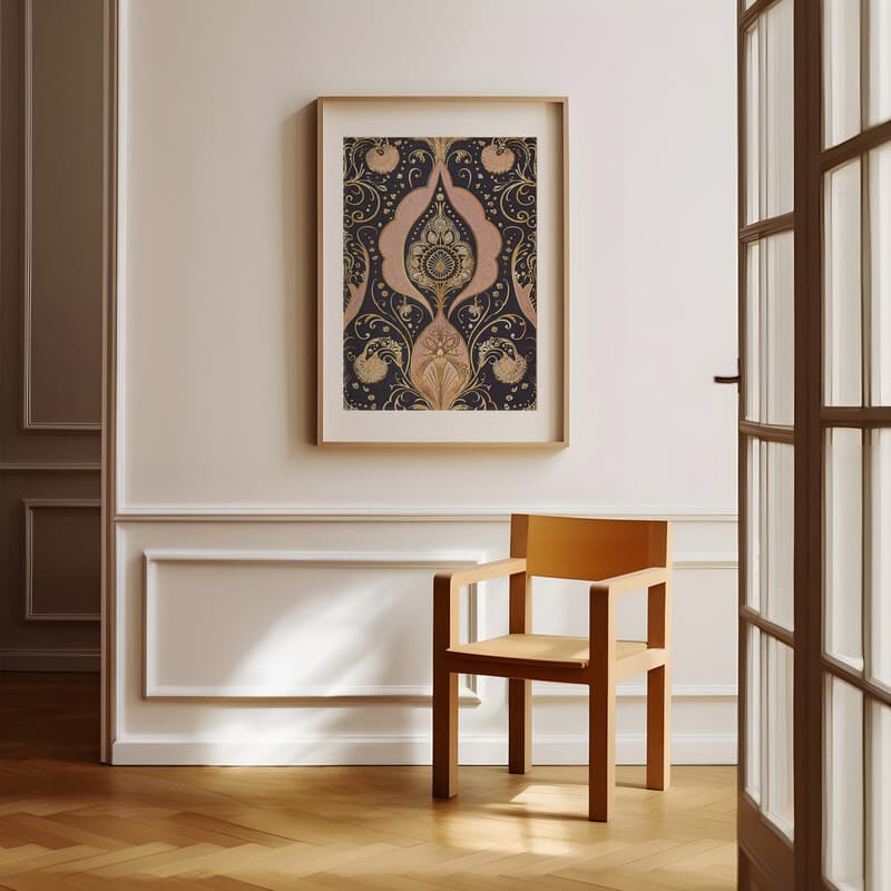 Room view with a matted frame of An art deco textile print, intricate pattern