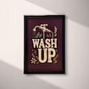 Full frame view of A vintage linocut print, the words "WASH UP" with a water spigot