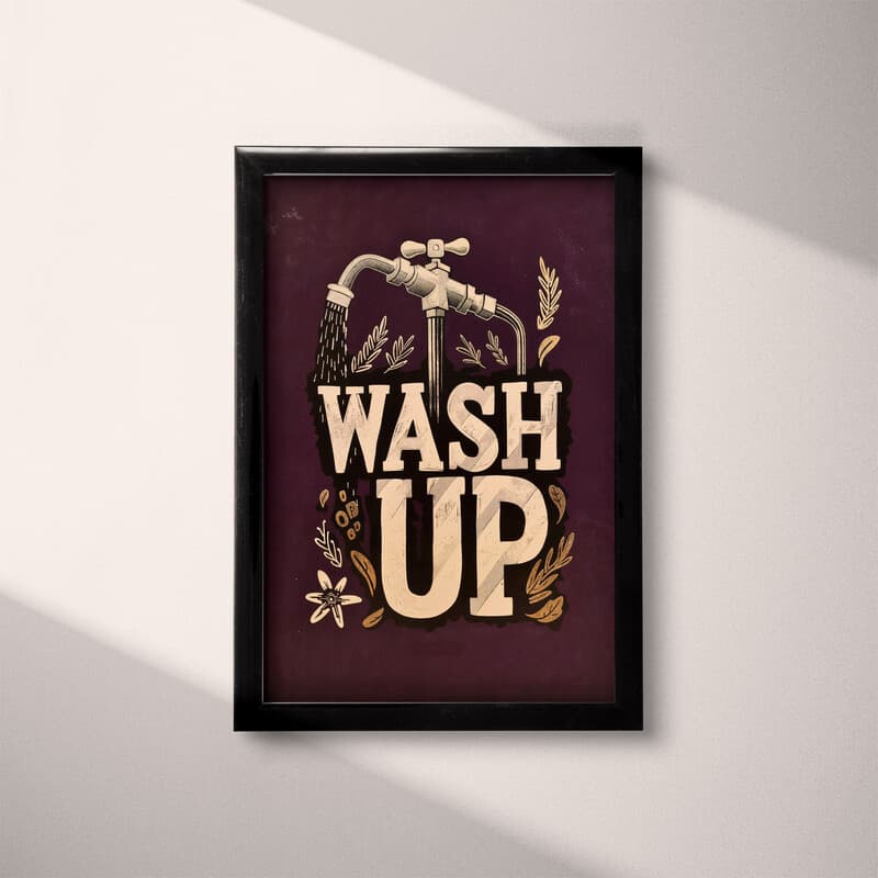 Full frame view of A vintage linocut print, the words "WASH UP" with a water spigot