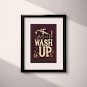 Matted frame view of A vintage linocut print, the words "WASH UP" with a water spigot