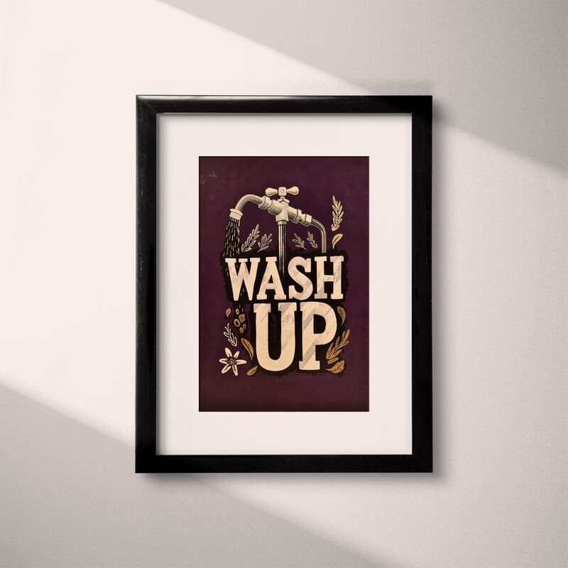 Matted frame view of A vintage linocut print, the words "WASH UP" with a water spigot