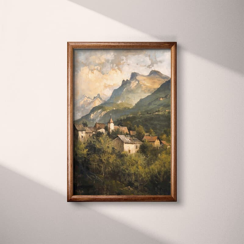 Full frame view of An impressionist oil painting, mountain side village, cloudy sky