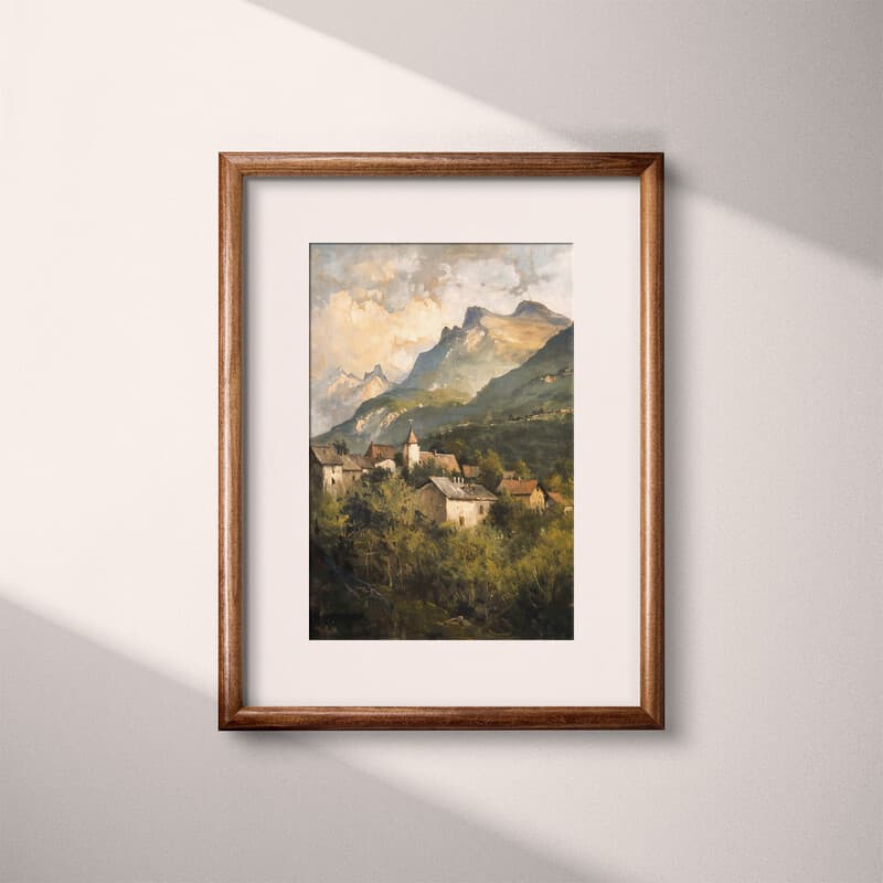 Matted frame view of An impressionist oil painting, mountain side village, cloudy sky