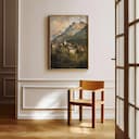 Room view with a full frame of An impressionist oil painting, mountain side village, cloudy sky