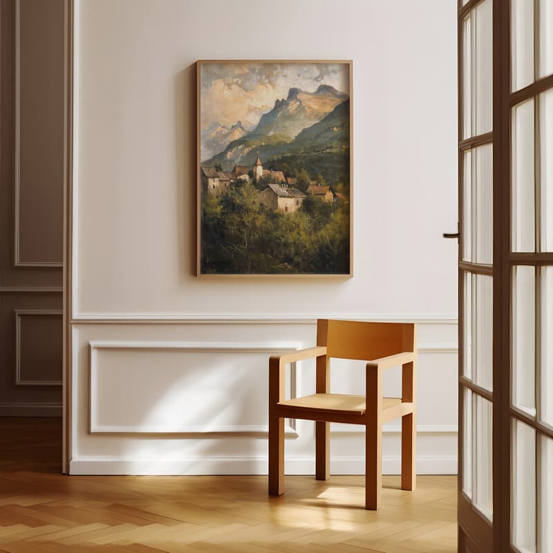 Room view with a full frame of An impressionist oil painting, mountain side village, cloudy sky