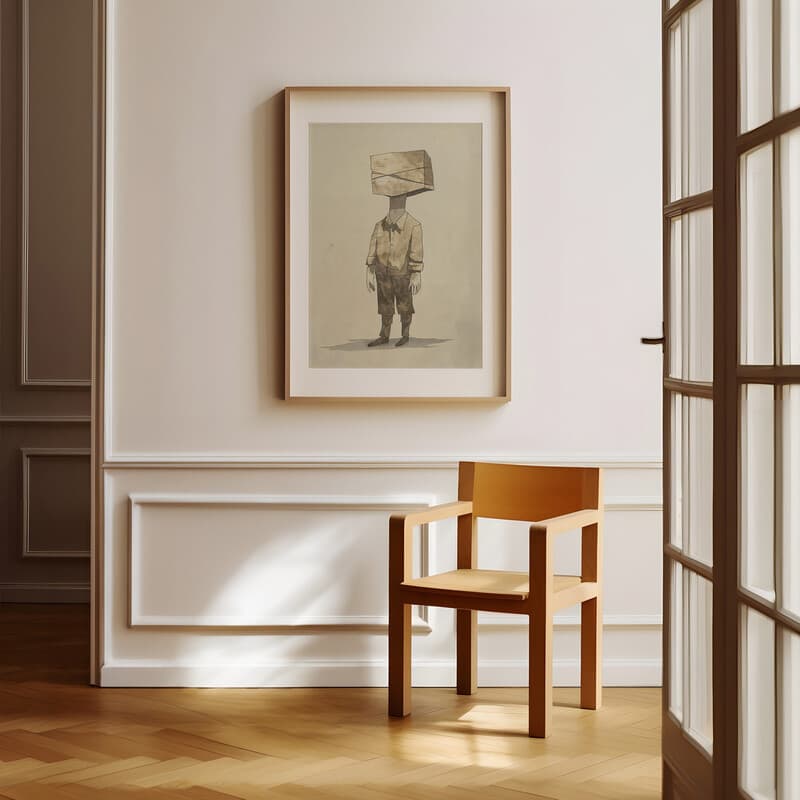 Room view with a matted frame of An abstract vintage cartoon drawing, a blindfolded man