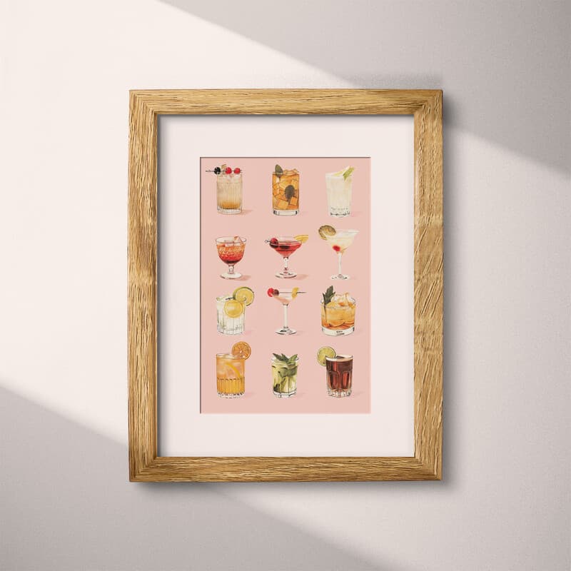 Matted frame view of A vintage pastel pencil illustration, a grid of cocktails