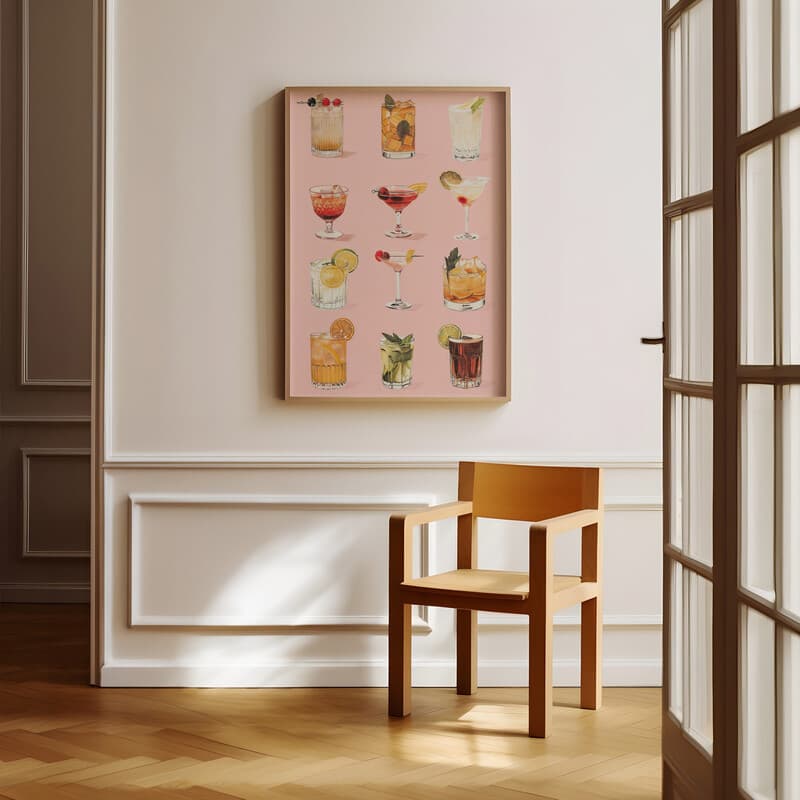 Room view with a full frame of A vintage pastel pencil illustration, a grid of cocktails