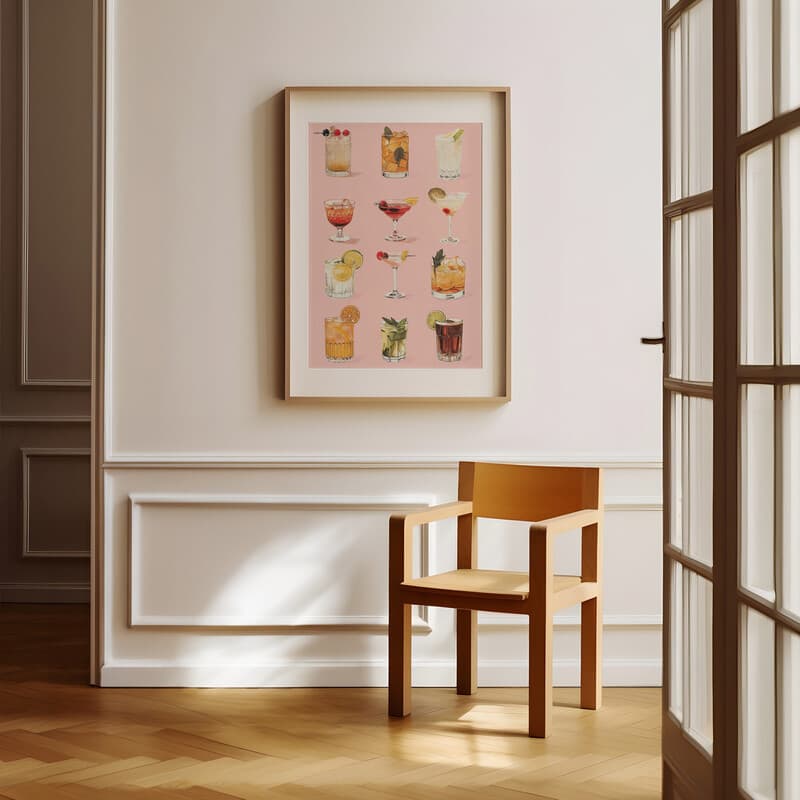 Room view with a matted frame of A vintage pastel pencil illustration, a grid of cocktails