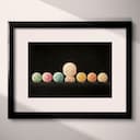 Matted frame view of A cute chibi anime pastel pencil illustration, a row of gumdrops