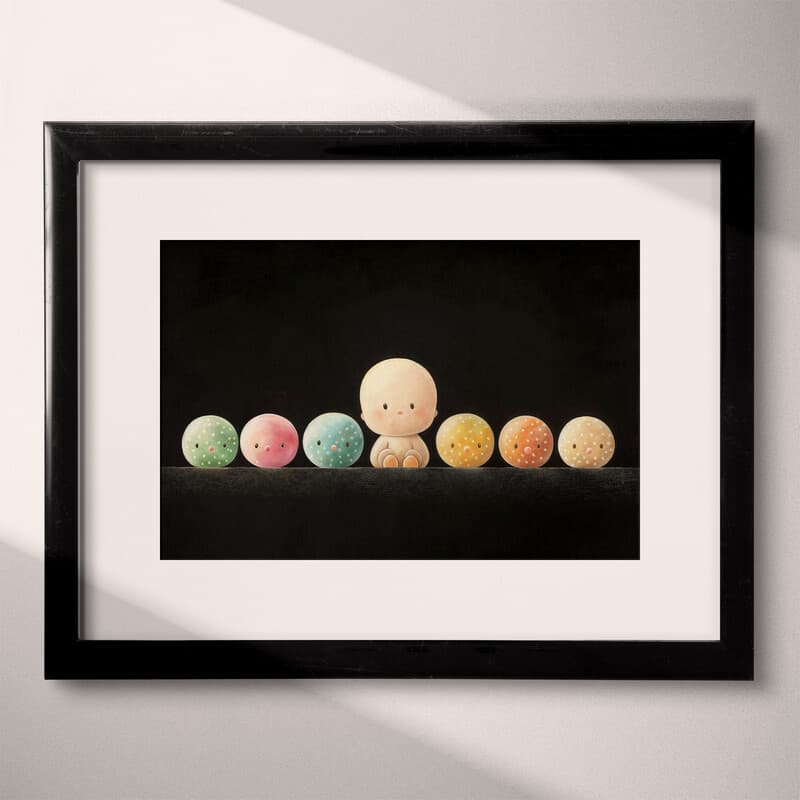 Matted frame view of A cute chibi anime pastel pencil illustration, a row of gumdrops