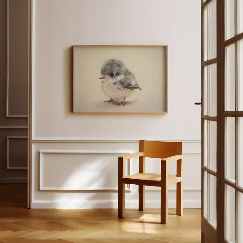 Room view with a full frame of A cute chibi anime colored pencil illustration, a bird