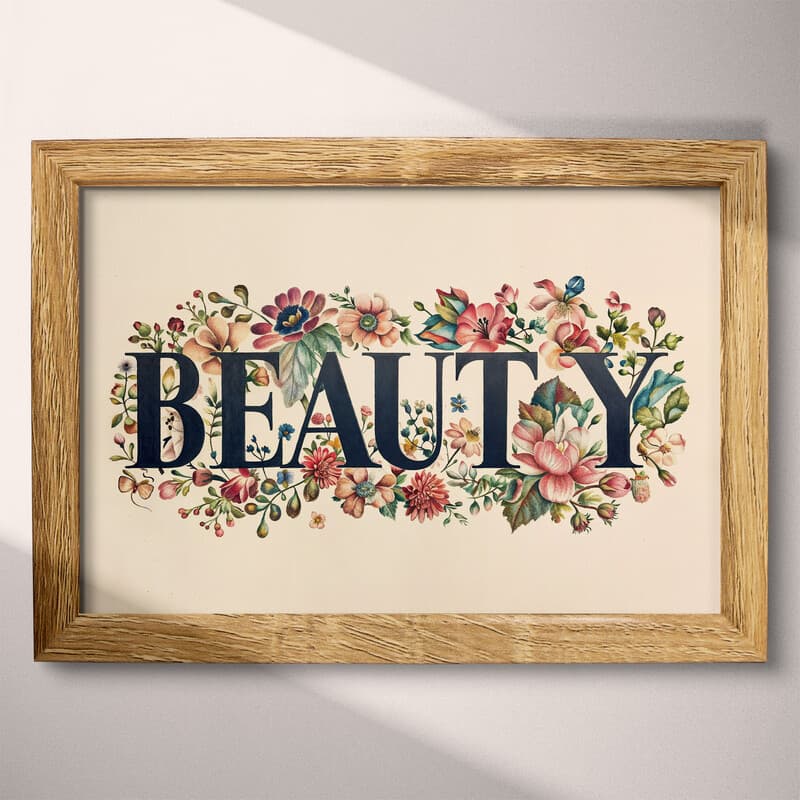 Full frame view of A contemporary pastel pencil illustration, the words "BEAUTY" with flowers