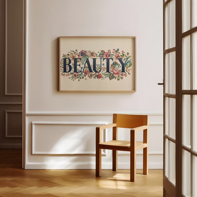 Room view with a full frame of A contemporary pastel pencil illustration, the words "BEAUTY" with flowers