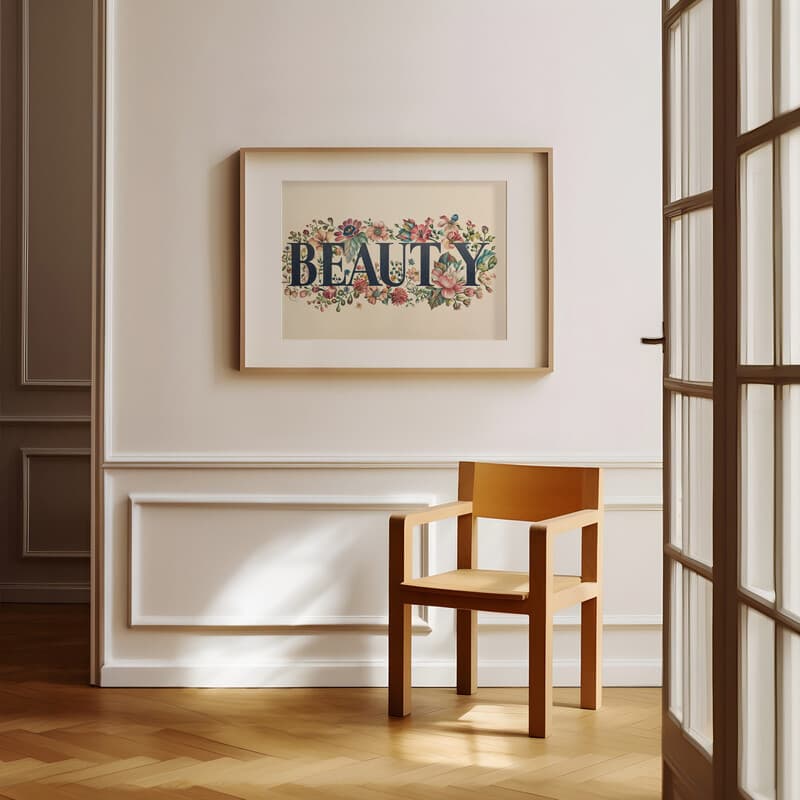 Room view with a matted frame of A contemporary pastel pencil illustration, the words "BEAUTY" with flowers
