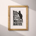 Matted frame view of A vintage graphite sketch, a cat on a bookshelf