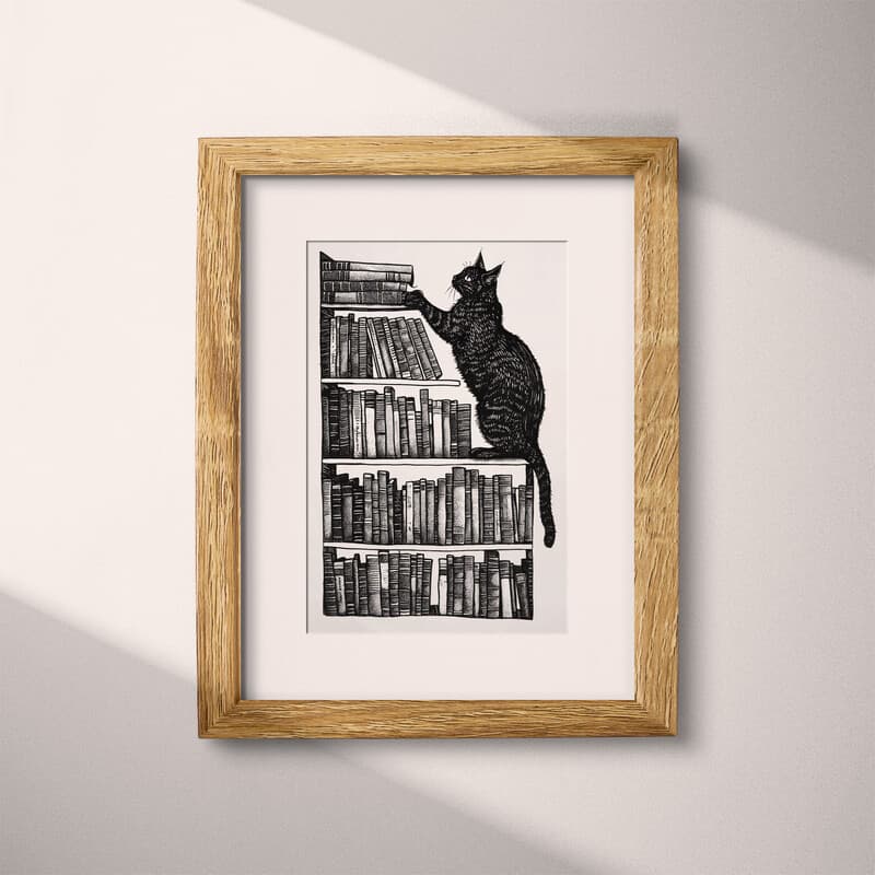 Matted frame view of A vintage graphite sketch, a cat on a bookshelf